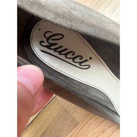 Gucci Women's 38.5 Heels Open Toe Pumps Suede Olive Green Taupe FLAWED Sz 8.5 - Picture 4 of 16